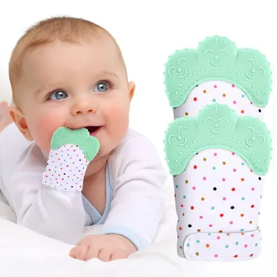 Produktbild von Baby Beißhandschuhe 2 Stück BPA Frei Silikon Grün Tupfen 0-6 Monate