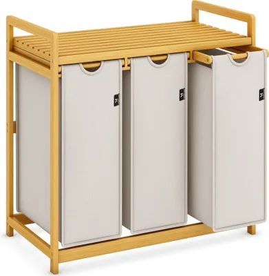 Produktbild von Adel Dream Wäschekorb mit Bambusrahmen, 150 l, 3 Fächer,Bambus Wäschesammler,laundry baskets,Bogendesign Wäschesortierer Hellgrau