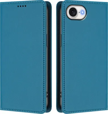 Image de Étui en cuir pour iPhone 16e/iPhone 17e, étui à rabat magnétique en cuirPolyuréthaneavec support, bleu lac