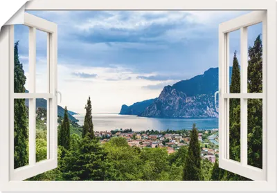 Produktbild von ARTland Poster Gardasee durchs weiße Fenster Größe: 130x90 cm