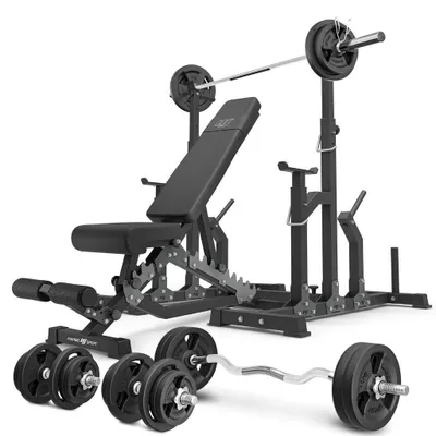 Immagine prodotto di Marbo Sport - Set MS2_2.0_113KG | Panca bifacciale + cavalletti regolabili + barra e piatto pesi 113 kg