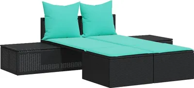 Image de vidaXL Bain de soleil double avec coussins noir Poly rotin