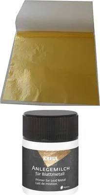 Produktbild von 20 Blatt Blattgold Imitation Blattmetall Schlagmetal 13,5 cm x 13,5 cm zum Vergolden & Basteln + 1 x Kreul Anlegemilch Kleber 50ml
