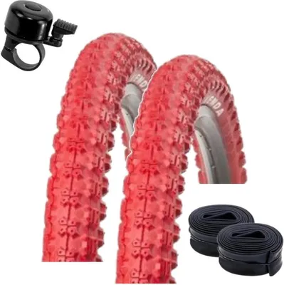 Zdjęcie produktu dla 2 x opony rowerowe Kenda 20" BMX K-50 w kolorze czerwonym 57-406 (20 x 2,125) + 2 pasujące dętki AV wraz z dzwonkiem rowerowym maxxi4you