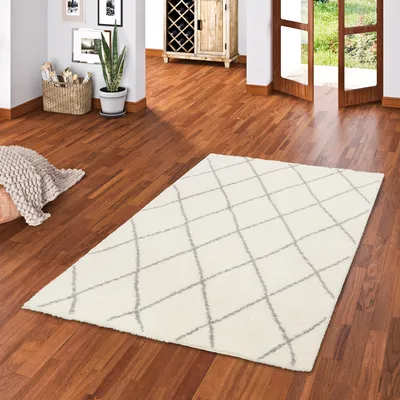 Produktbild von Luxus Shaggy Hochflorteppich Silky Soft Modern Rauten Creme, Größe:80x150 cm