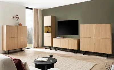 Produktbild von Wohnzimmer-Set in Eiche mit Vitrinenschrank inkl. Beleuchtung, Lowboard und Highboards, Metallgestelle, 4-teilig - KASOL-61