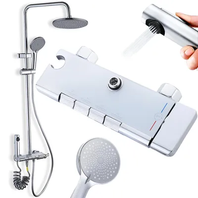 Produktbild von Heckermann CS18 Duschsystem mit Thermostat, Silber – XL-Regendusche, 3-Funktions-Handbrause, Wannenauslauf, 65–105 cm
