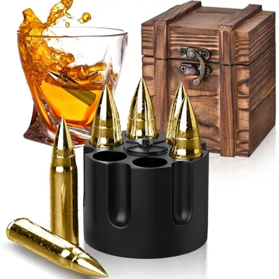 Produktbild von Whiskey Steine Set in Goldener Patronenform Geschenke für Männer mit Glas und Holzkiste Geburtstag Geschenkidee Geschenke für Männer Whiskey Set