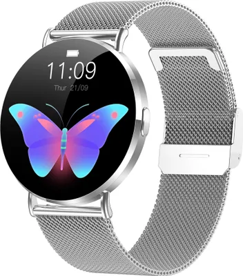A close-up studio shot of a silver smartwatch with a mesh band, displaying a butterfly graphic on its screen.