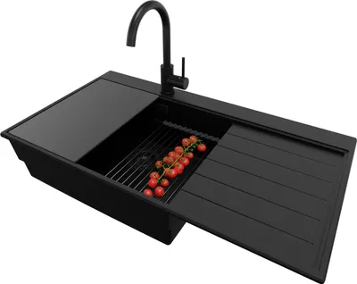Produktbild von PRIMAGRAN Granitspüle Alles Schwarz 90x50cm, Spülbecken 1 Becken + Ablauf-Set + Küchenzubehörset, Küchenspüle ab 60er Unterschrank - Sydney