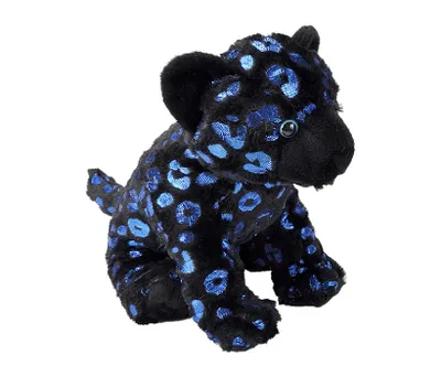 A plush toy panther with blue spots sits on a white background.