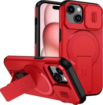 Obrázek produktu pro Magnetické pouzdro pro iPhone 15, dvouvrstvé odolné pouzdro s posuvnou ochranou fotoaparátu a nastavitelným stojánkem Červená
