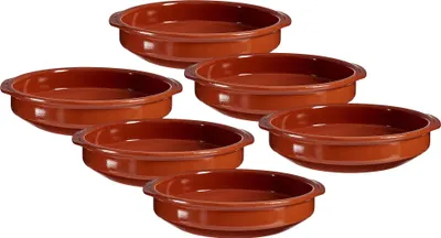 Produktbild von 6 x Tonschalen in hochwertiger Handarbeit veredelt - Cazuelas Ø 10 cm - mit Griff Schalen Creme Brülee - Tongeschirr Mittelalter - Wikinger Geschirr