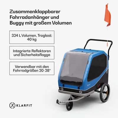Produktbild von Klarfit Anhänger für 2 Haustiere mit 324 l Volumen, Hybrid-Buggy mit solider Stahlrahmenkonstruktion, integrierten Reflektoren & Bremsen - geräumiger Hunde-Fahrradanhänger