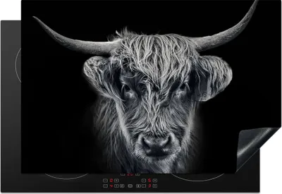 Produktbild von KitchenYeah© Herdabdeckplatte Schottischer Highlander - Schwarz - Kuh - Tiere , 76x51cm, Küche Deko, Glaskeramikkochfeld Herdabdeckung, Abdeckplatte fùr Kochfeld