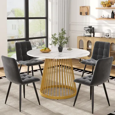 Immagine prodotto di Set da pranzo Flieks, tavolo da pranzo con 4 sedie, tavolo rotondo 80x80x76 cm, sedie imbottite con seduta in velluto, oro + grigio
