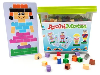Obrázek produktu pro Stavební kostky ArchiMates – sada Little Architect, 630 dílků (od 5 let, 12 inspiračních karet, s obličeji a pohyblivými částmi) – CE a EN-71, ABS plast, včetně přepravního boxu