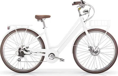 A white electric city bike with brown accents is shown against a white background.