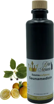 Produktbild von Dufte Momente | Saunaduft Konzentrat Saunamedizin (Kampfer, Zitrone) 200ml in schwarzer Steingutflasche | naturreine ätherische Öle | vegan