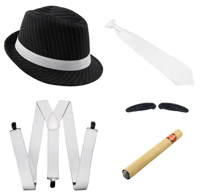 Produktbild von Gangster Kostüm Set mit Hosenträger - Hut - Zigarre - Krawatte - Bart