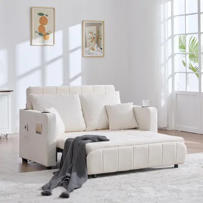 Image de OKWISH Canapé Droit Convertible - 2 Places Avec Porte-Gobelets Et Port USB Tissu Chenille Sans Matelas Beige