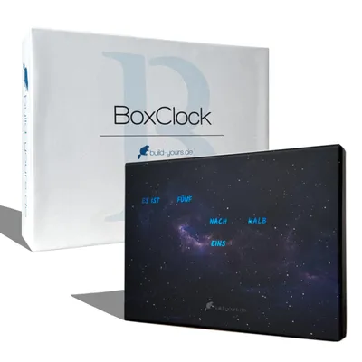 Produktbild von BoxClock Phantom Beyond Space Edition – LED Wortuhr für Tisch & Wand – PLA Front mit Sternenhimmel Design & Phantom Effekt – WLAN & App Steuerung – 16