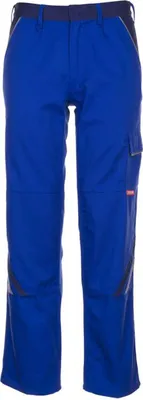 A pair of blue work pants is shown against a white background.