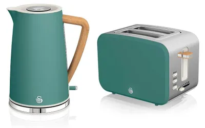 Frühstücksset: Wasserkocher 1,7 l, Toaster 2 Scheiben, Holzoptik, Grün