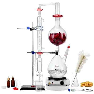 Produktbild von VEVOR Ätherisches Öl Destillationsset, 500ml Destillationsapparat, 3.3 Boro Laborglas-Destillationsset mit 1000W Heizplatte und 24, 40 Gelenk, 33-teiliges Set, 1500 W