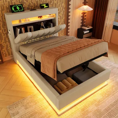 Image de MODFU Lit coffre 90x200 cm - Lit simple avec LED et station de charge USB3 + Type-C, Rangement pratique sous lit, Tissu Lin - Beige