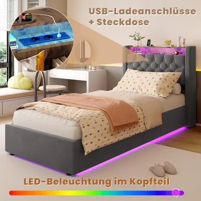 Produktbild von okwish Polsterbett 90×190 mit Stauraum-Kopfteil und LED, Einzelbett mit Steckdose und Bettkasten, Jugendbett in Dunkelgrau, ohne Matratze