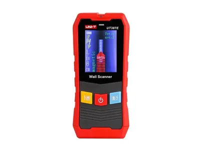 A red and black wall scanner device with a screen displaying a diagram.