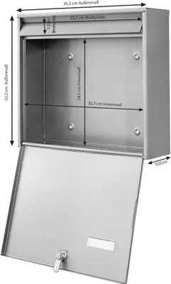 A silver mailbox with its door open, showing internal dimensions and external dimensions.