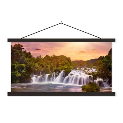 Produktbild von MuchoWow® Textilposter Wasserfall - Landschaft - Sonne - Wolken - Sonnenuntergang 90x45 cm mit schwarzem Rahmen - Klemmleisten