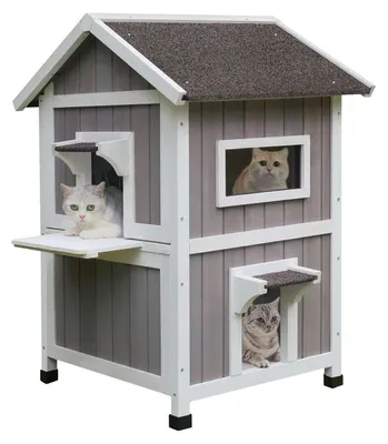Immagine prodotto di Cuccia per gatti in legno, a 2 piani, resistente alle intemperie, colore grigio, con porticina di emergenza