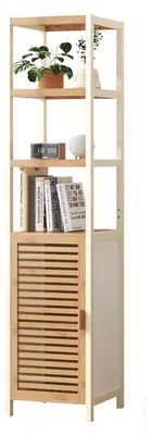Image de Armoire de salle de bain en bambou avec 3 étagères ouvertes et une porte, dimensions : 33 x 33 x 165 cm