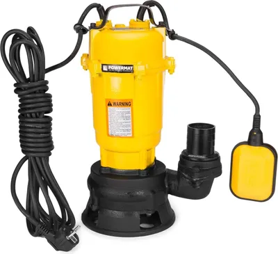 A yellow and black submersible water pump with a float switch and power cord, isolated on a white background.