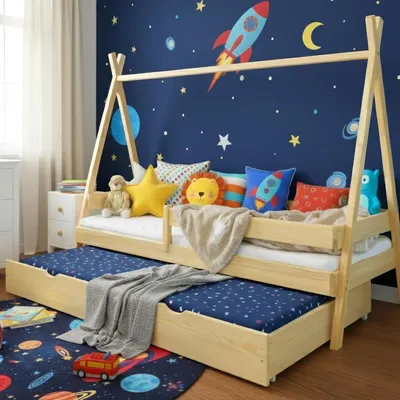 Produktbild von MEBLE WRÓBEL Kinderbett Tipi 90x190 cm - Bett aus Kiefernholz mit Auszugbett & Rausfallschutz - Hausbett für Mädchen und Jungen - Abgerundete Kanten