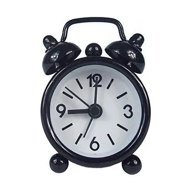A black, vintage-style alarm clock with a white face and black numbers and hands, set against a plain white background.