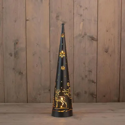 Produktbild von Weihnachtsdekoration Kegel mit Hirsch und Schneeflocke, schwarz, Ø 12 cm, H 50,5 cm, 30 LEDs, batteriebetrieben, Timer