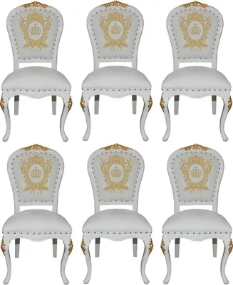 Produktbild von Pompöös by Casa Padrino Luxus Barock Esszimmerstühle mit Krone Weiß / Gold - Pompööse Barock Stühle designed by Harald Glööckler - 6 Esszimmerstühle - Barock Esszimmermöbel