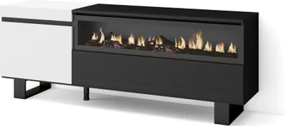 Produktbild von TV-Schrank, Lowboard, 150x35x57cm, Für TV-Geräte bis zu 65", Elektrokamin. Industriedesign, Weiß und Schwarz