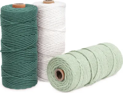 Produktbild von Navaris Makramee Garn 3er Set - Baumwollschnur für DIY Projekte Wandteppich Traumfänger - Baumwolle Baumwollkordel - weiß dunkelgrün hellgrün