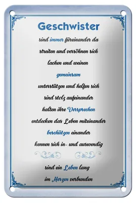 Produktbild von Blechschild Spruch 12x18cm Geschwister immer füreinander da