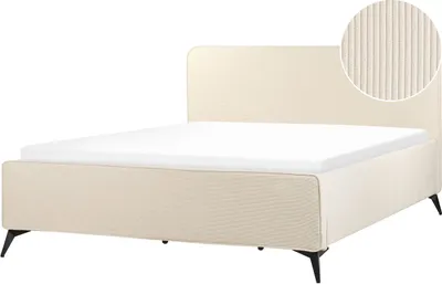 Produktbild von BELIANI Polsterbett Hellbeige Cord mit Lattenrost 180 x 200 cm Hohes Kopfteil Schwarze Metallbeine Retro Design Schlafzimmer Ausstattung Möbel
