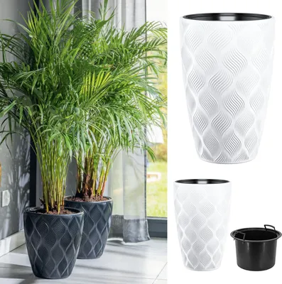 Produktbild von Blumenübertopf "Leaves Slim" mit herausnehmbaren Einsatz 2in1, 3D-Textur, Oval | Höhe: 48cm | Farbe: Weiss
