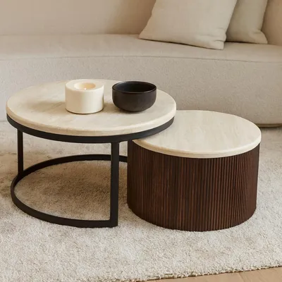 Produktbild von alesvelt Couchtische Couchtisch 2er Set Manzano Travertin Platte MDF Säulenstil Ø80X45 + Ø60X35 CM braun