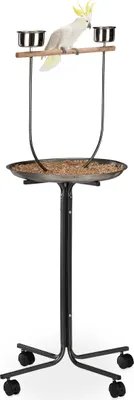 Produktbild von Relaxdays Freisitz für Papageien, Anflugstange, 2 Futternäpfe, rollbar, Nymphensittich, HBT: 130 x 60 x 60 cm, silber