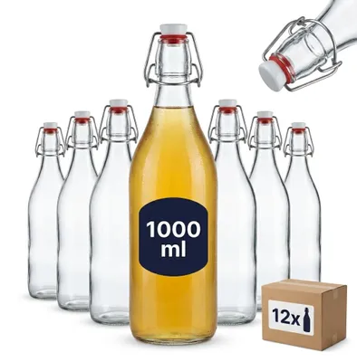 Produktbild von gouveo 12er Set Glasflaschen 1000 ml rund mit Bügelverschluss - Bügelflasche 1 Liter zum Befüllen - Bügelverschlussflasche für Wasser, Limonade, Saft und Spirituosen