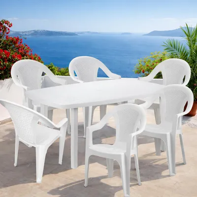 7tlg Outdoormöbel Sitzgarnitur Gartengarnitur Weiß 140x90cm stapelbar